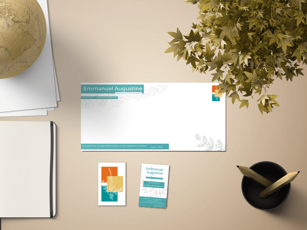 Identité visuelle, carte de visite et carte de correspondance pour un conseiller en fleur de bach